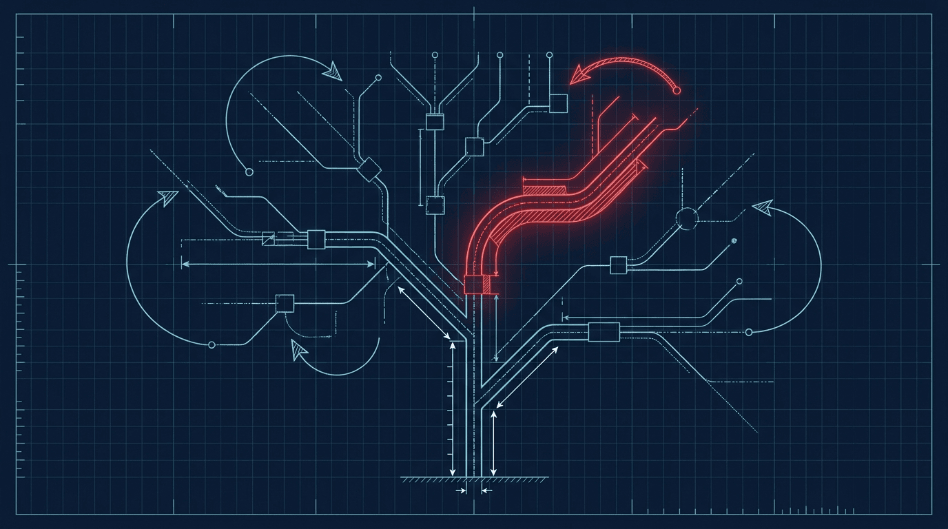Technical blueprint of a directory tree with branches looping back into the main trunk through junction arrows