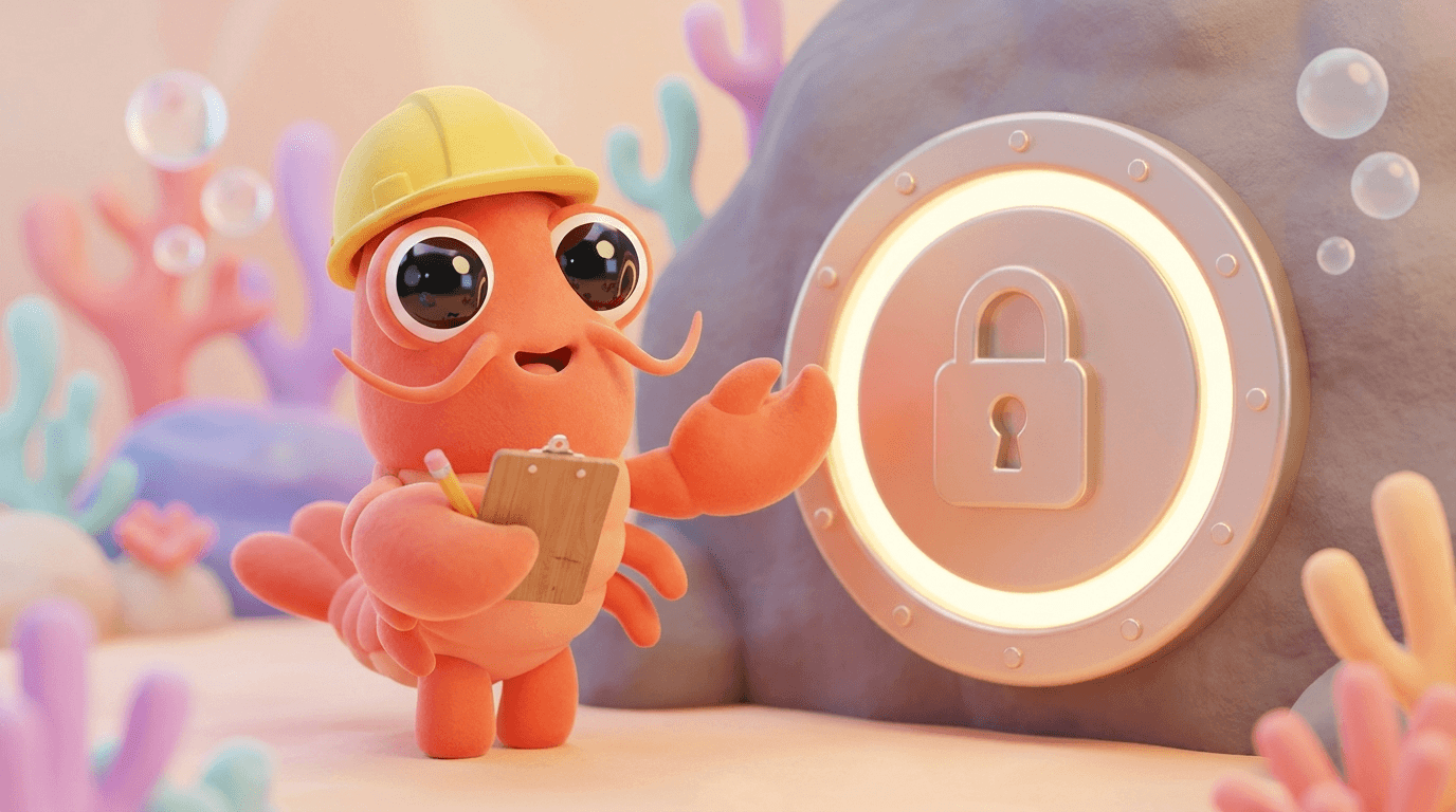 Cute kawaii lobster mascot in a yellow hard hat guarding a glowing vault door with a checklist