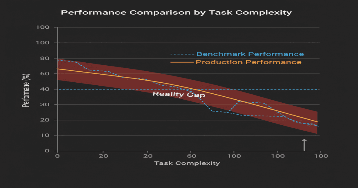 Comparison of benchmark performance versus real-world production success rates across agent deployments