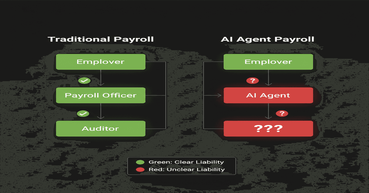 Liability chain comparison between traditional payroll processing and AI agent payroll