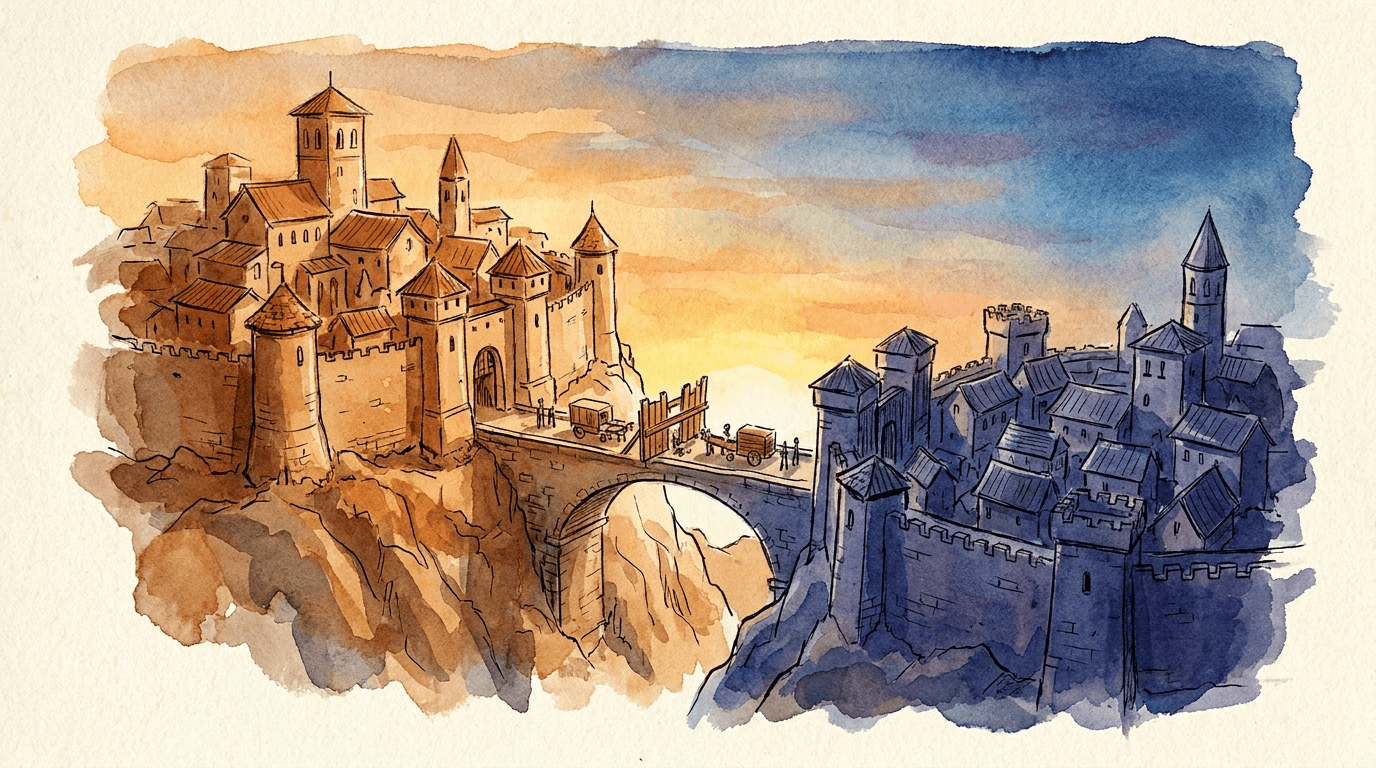 Watercolor illustration of two walled cities on hills with a blocked bridge between them