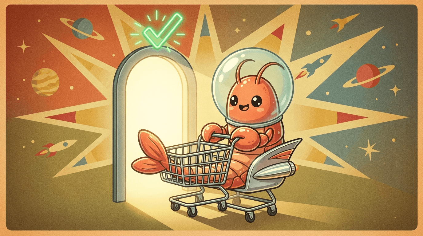 Retro-futurist kawaii lobster mascot pushing a shopping cart through a doorway with a green checkmark