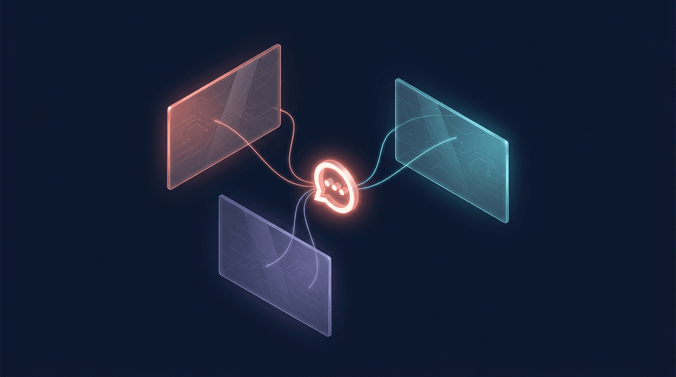 Three separate glass dashboard panels connected by threads of light to a single glowing messaging icon