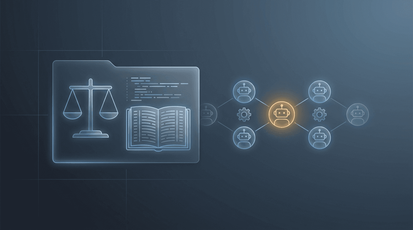 Abstract illustration of scales and audit ledgers next to a chain of AI agent icons, representing compliance and oversight of autonomous systems