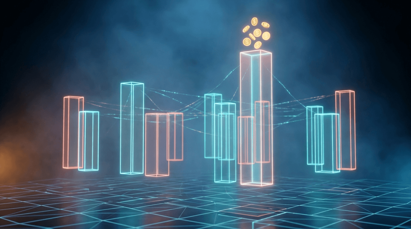 Floating holographic bar columns of different heights over a dark grid, representing personal AI agent pricing tiers