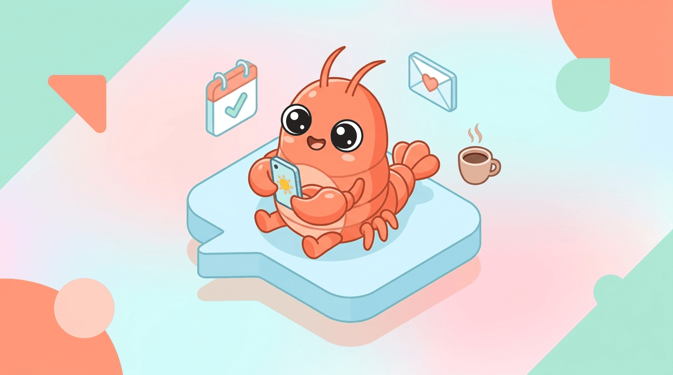 Cute kawaii lobster mascot sitting on a chat bubble holding a phone with a morning sun icon